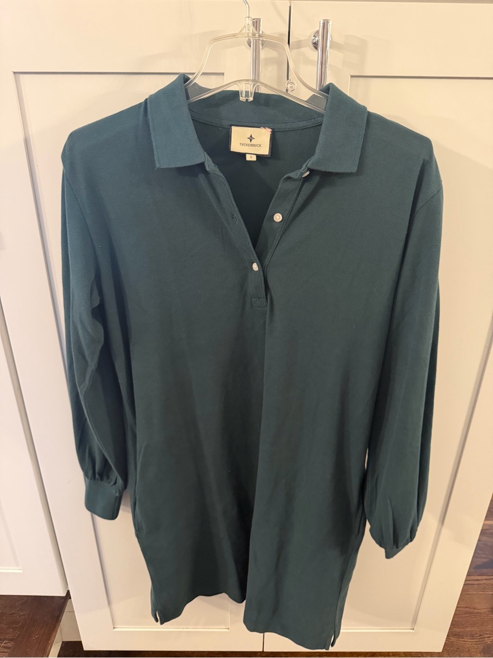 NWT Tuckernuck June Bug Pique Polo Dress Womens Large Puff Long Sleeve Green Sm.